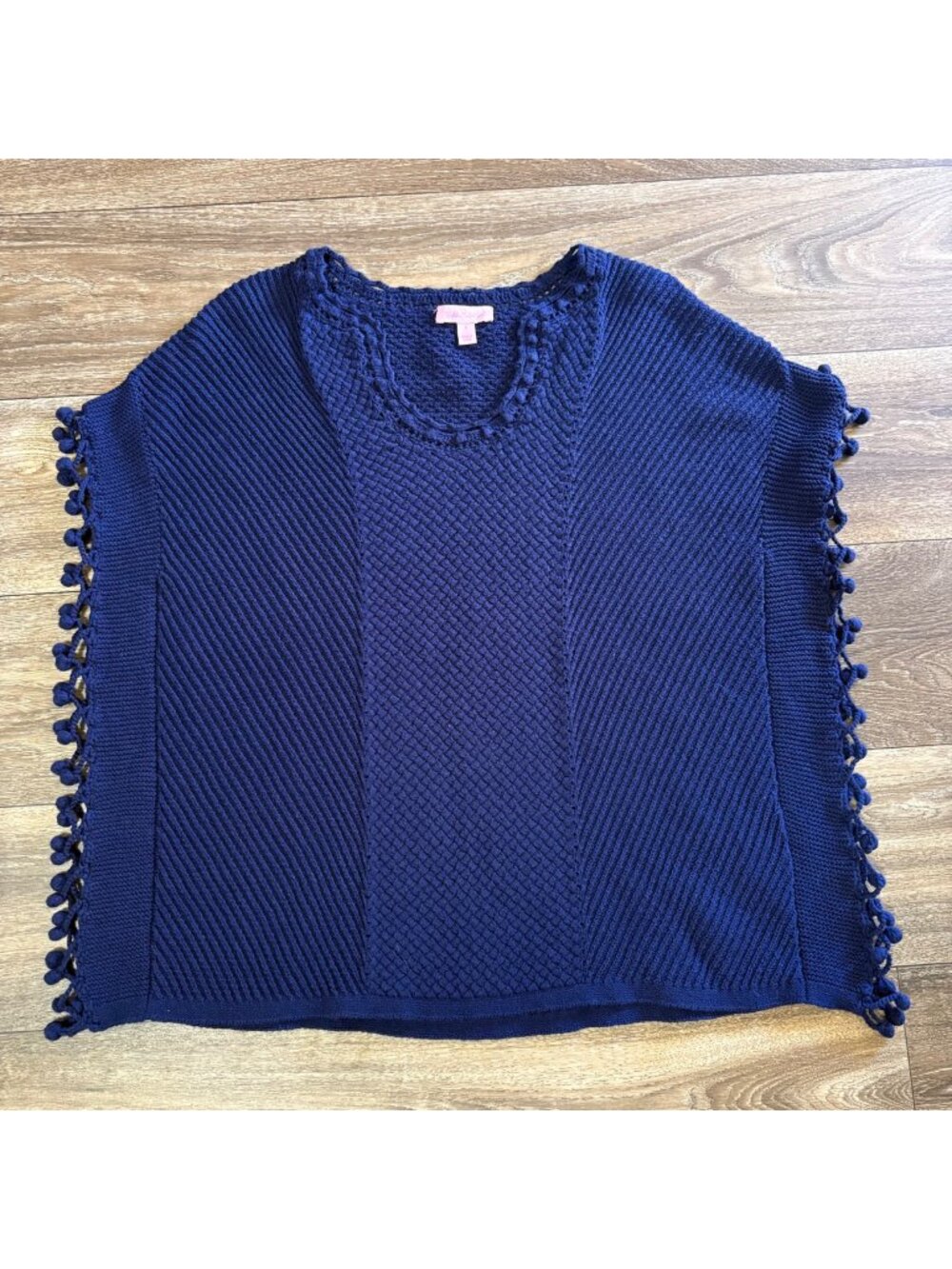 Lilly Pulitzer Blue Knit Poncho With Pom-Pom Edges Womens Small 100% Cotton